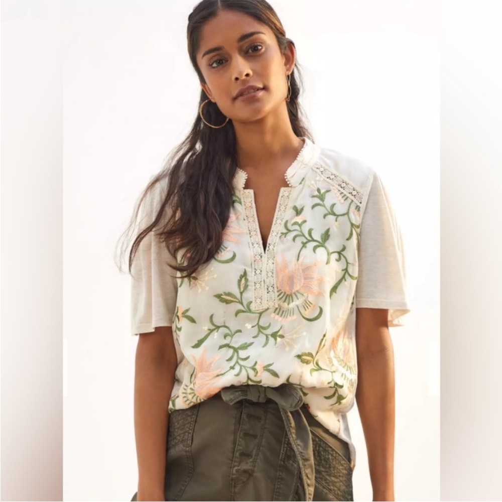 TINY by Anthropologie Embroidered Floral Sheer Front Blouse. Like New! Size S